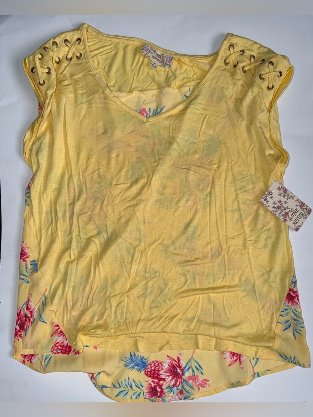 Pink Republic Yellow Floral Lace-Up Shoulder Women's Top